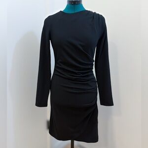 Express Elegant Black Long Sleeve Dress with Embellished Buttons on Shoulder